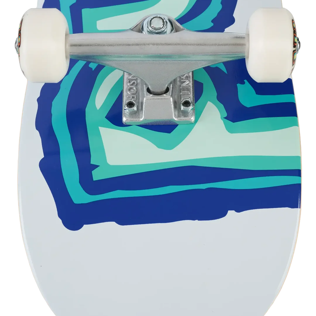 Close-up of the underside of a skateboard deck showing a white base with a blue and teal abstract graphic, mounted with a silver metal truck and white wheels.