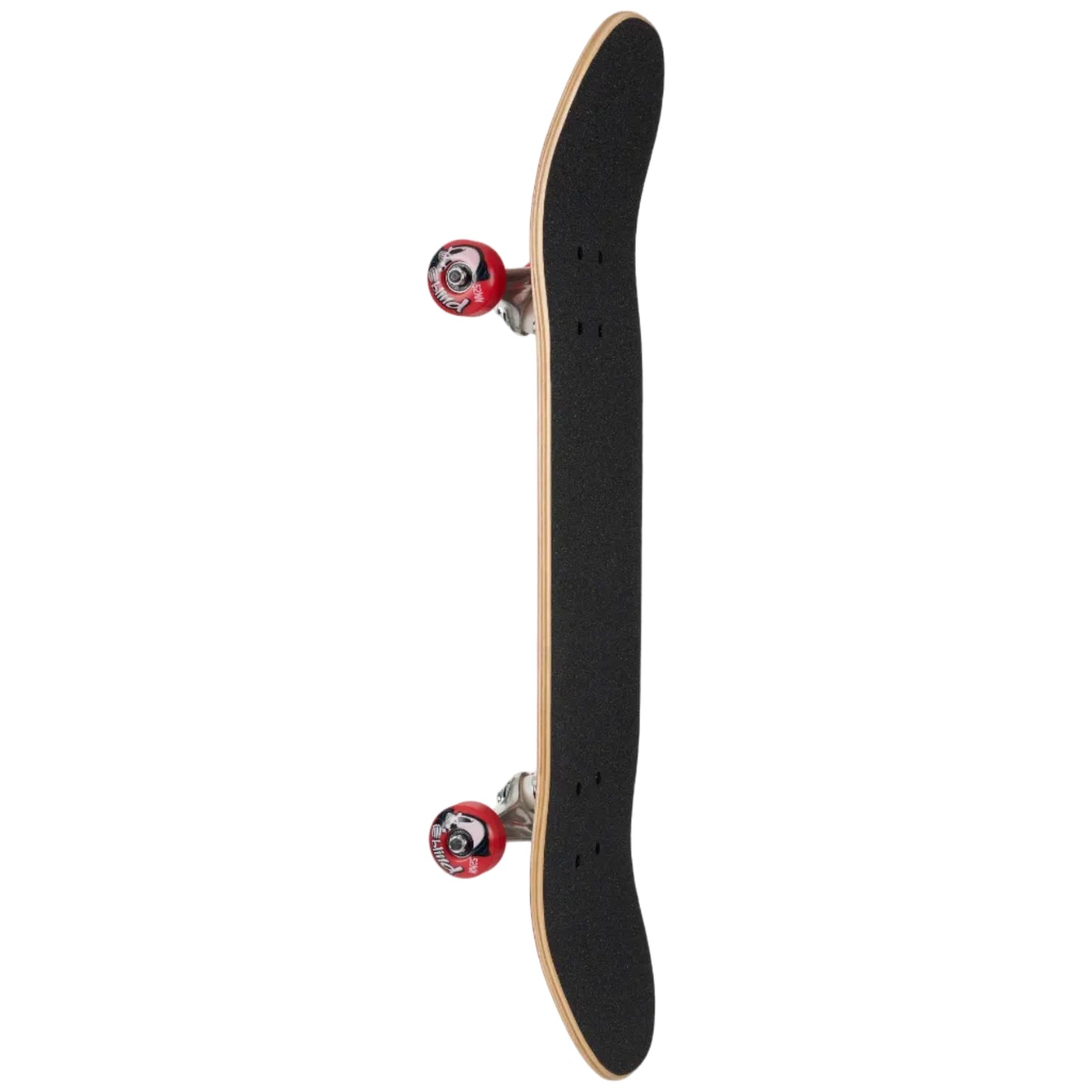 Skateboard with black deck and red trucks on a white background