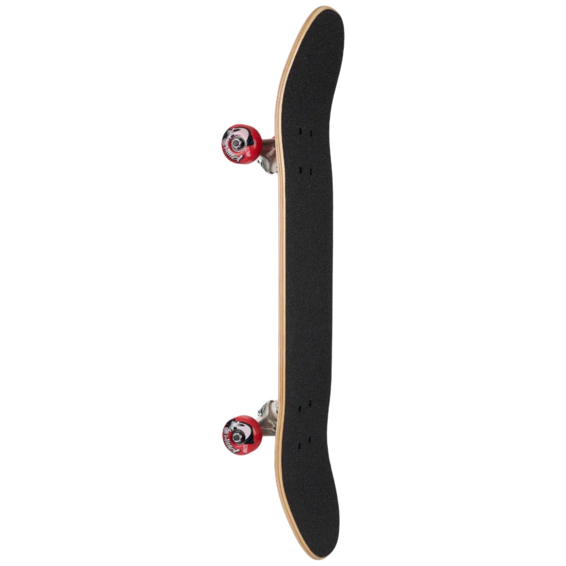 Skateboard with black deck and red trucks on a white background