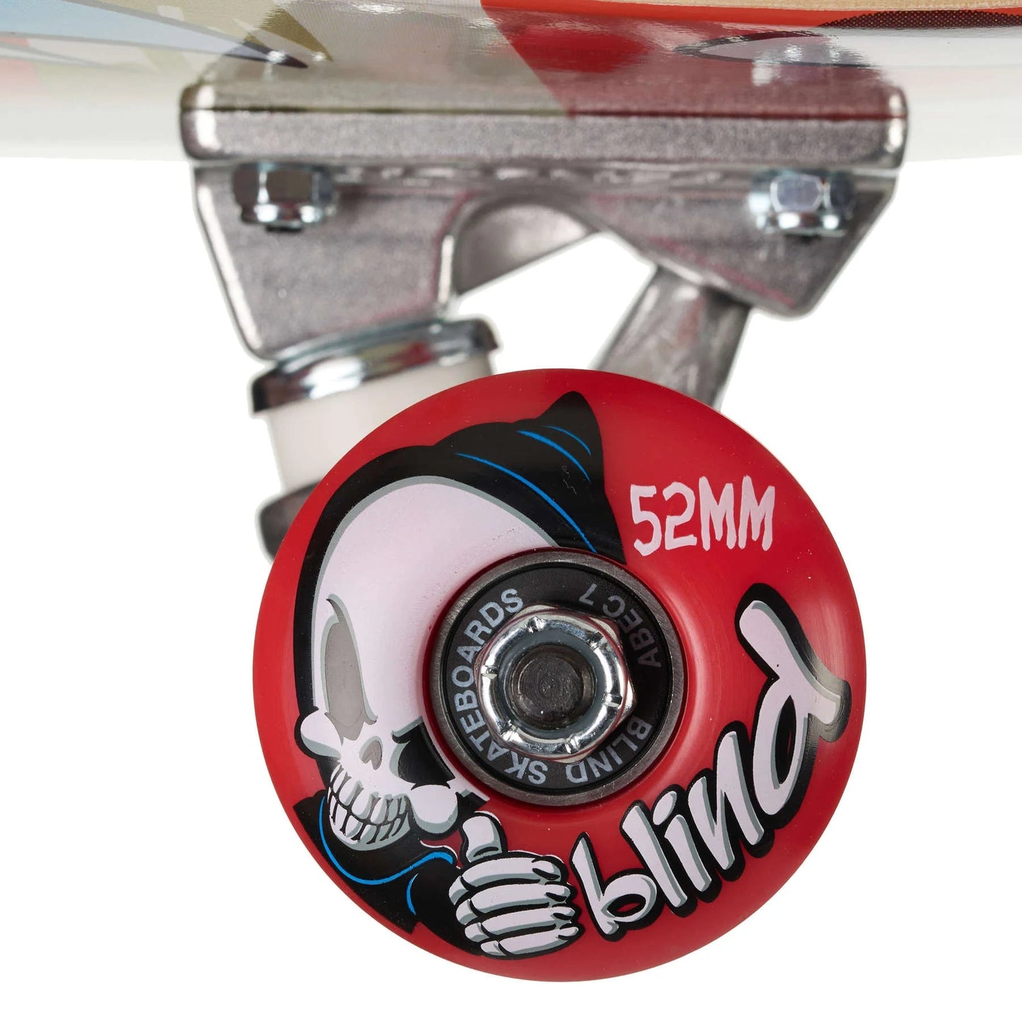 Close-up of a skateboard wheel with 'blind' branding on a white background