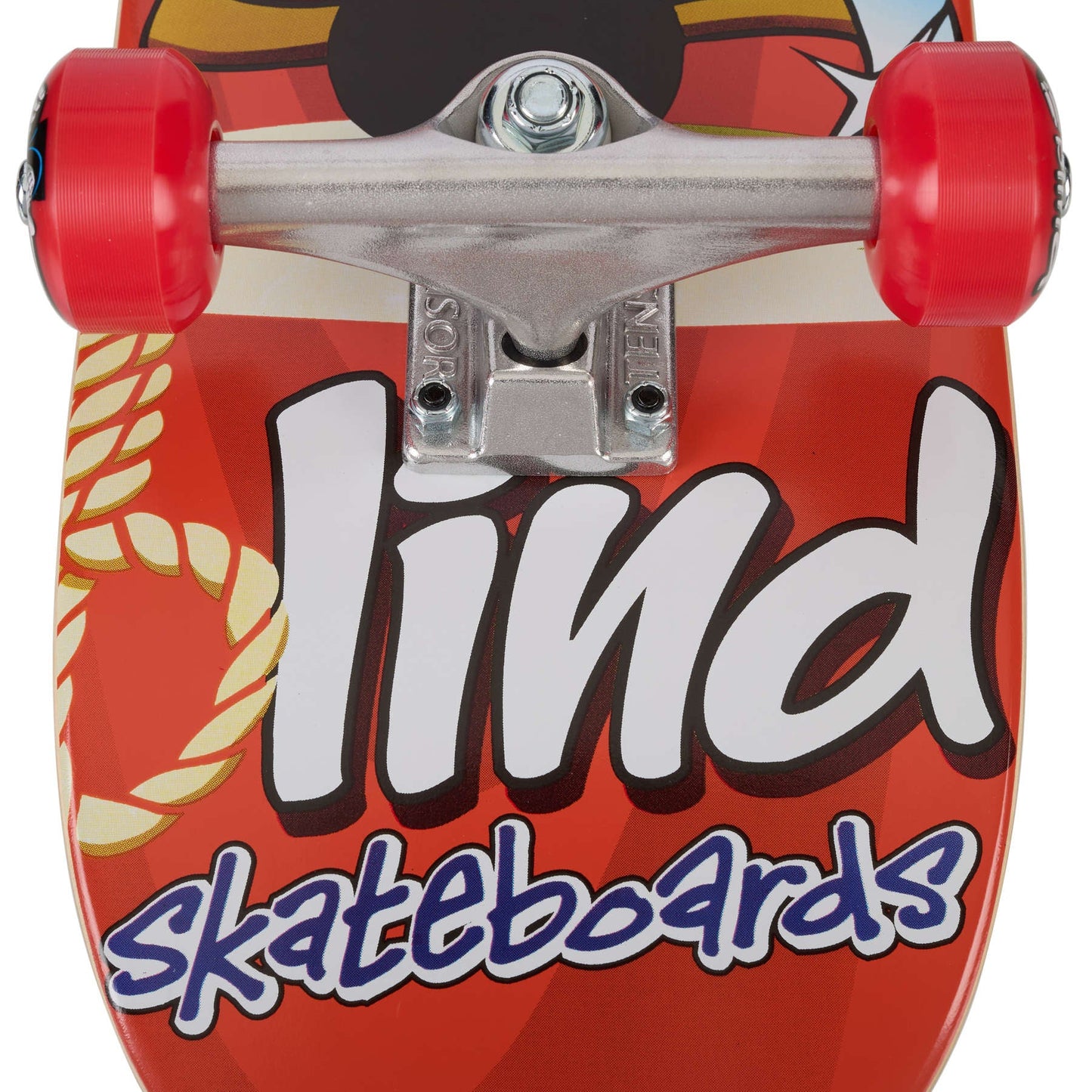 Red skateboard with 'lind skateboards' branding on a white background