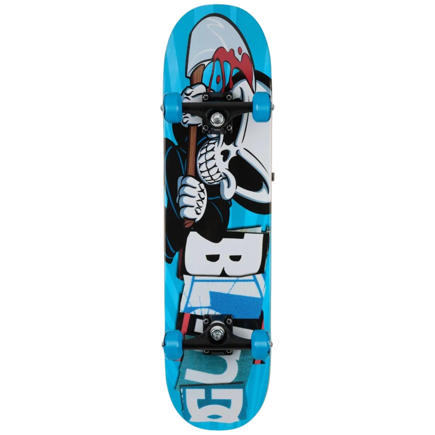 Skateboard deck with a cartoon character design on a white background