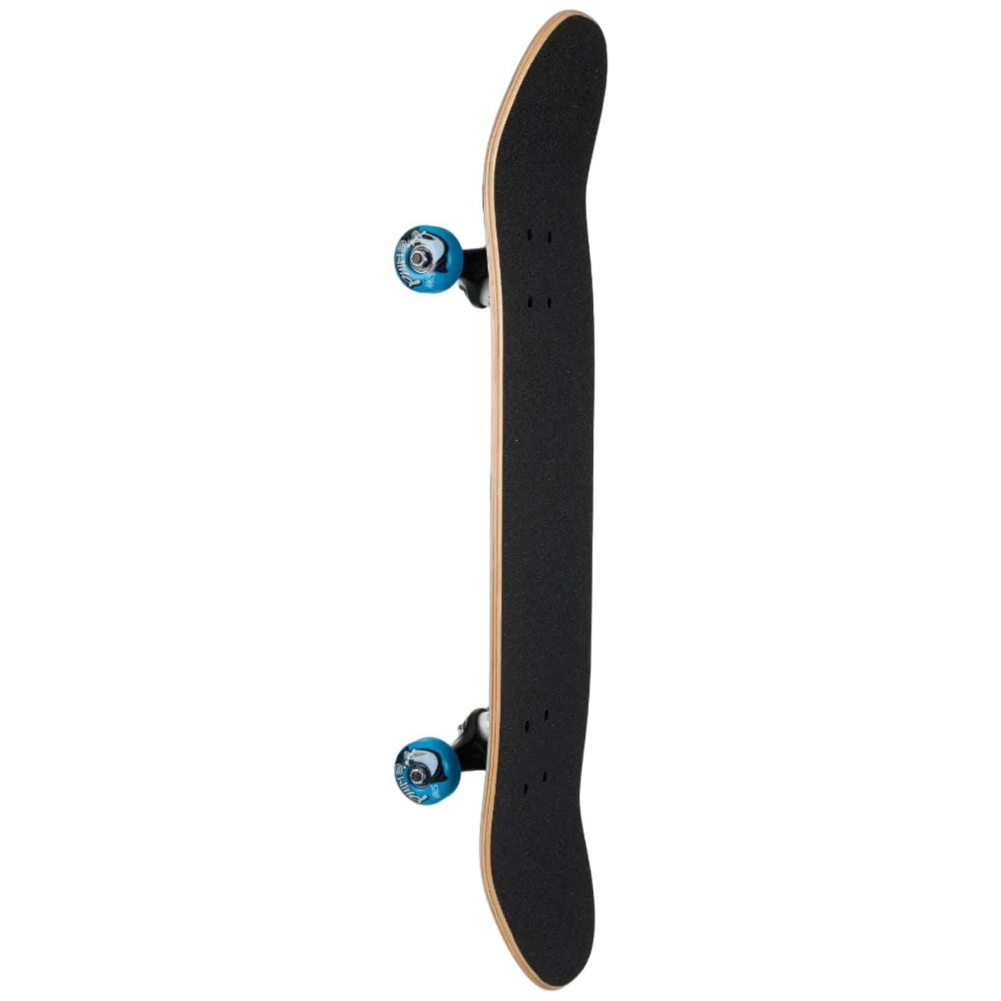 Skateboard with black deck and blue trucks on a white background
