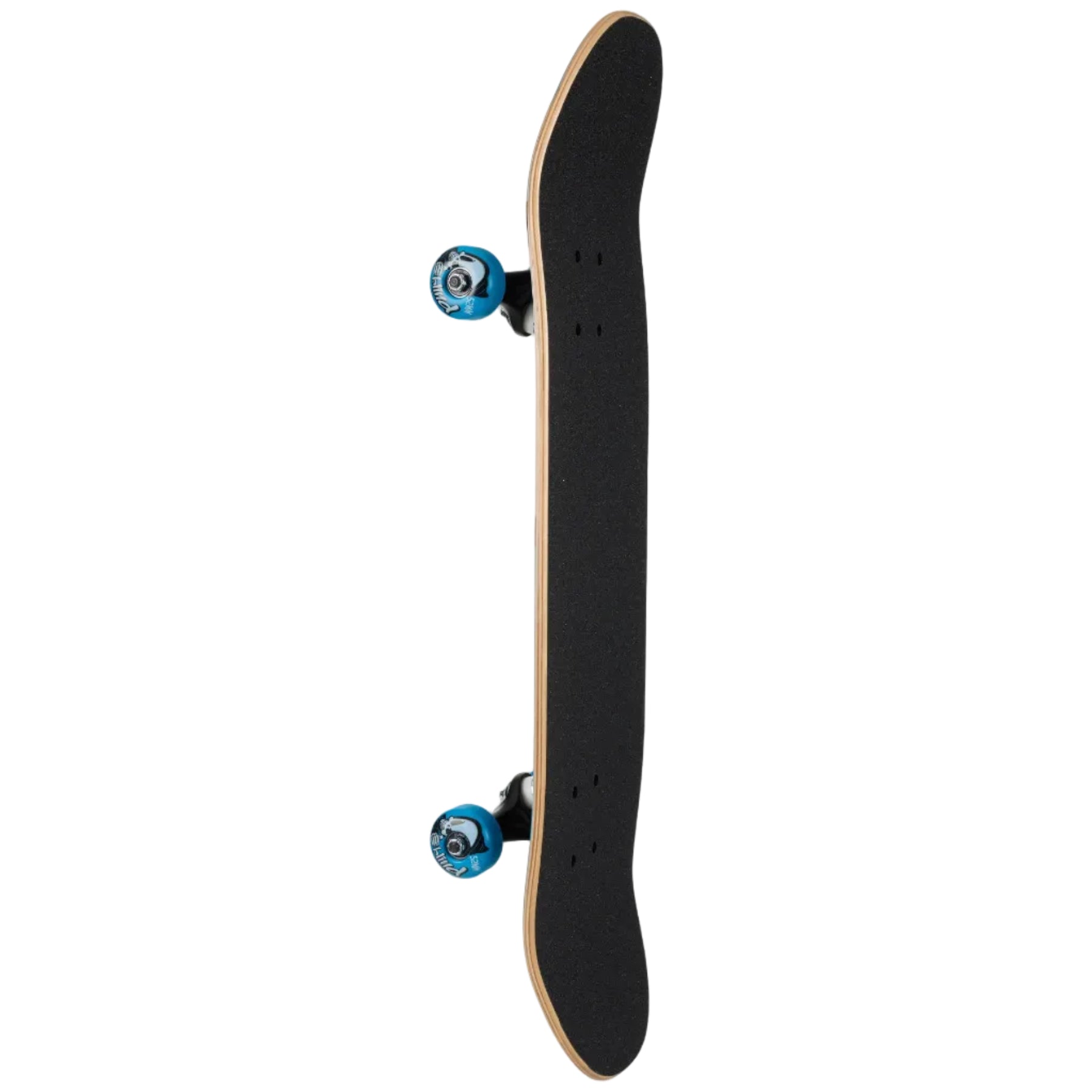 Skateboard with black deck and blue trucks on a white background