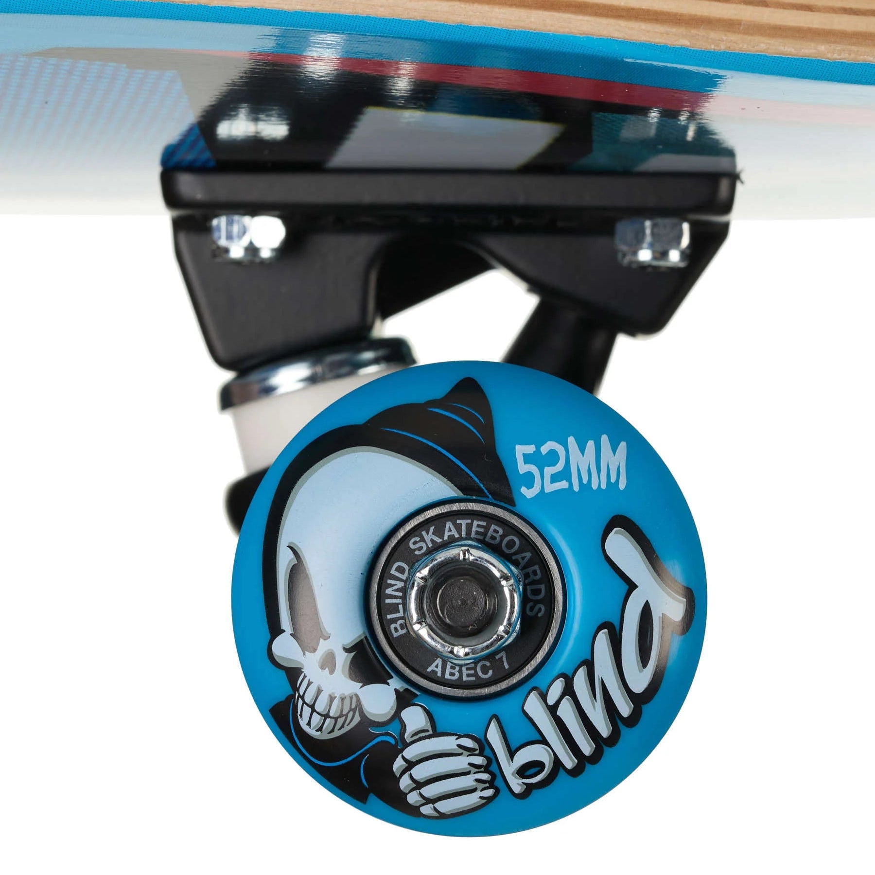 Close-up of a skateboard wheel with 'blind' branding on a white background