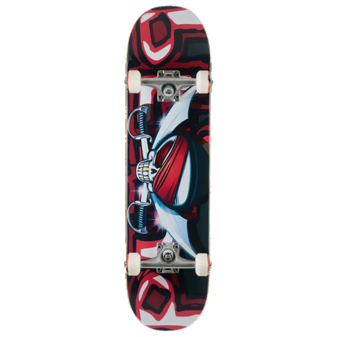 A full-size skateboard shown from the underside, featuring a black deck with a red and white graphic design and a central blue and white sword illustration, mounted with white wheels and silver trucks on a plain white background.