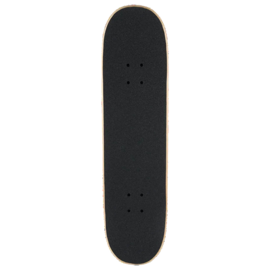 A skateboard deck viewed from directly above, featuring a black grip tape surface with a light natural wood edge, isolated on a white background.