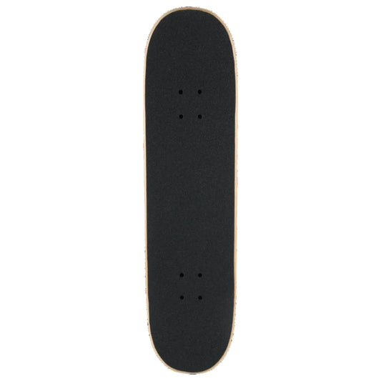 A skateboard deck viewed from directly above, featuring a black grip tape surface with a light natural wood edge, isolated on a white background.