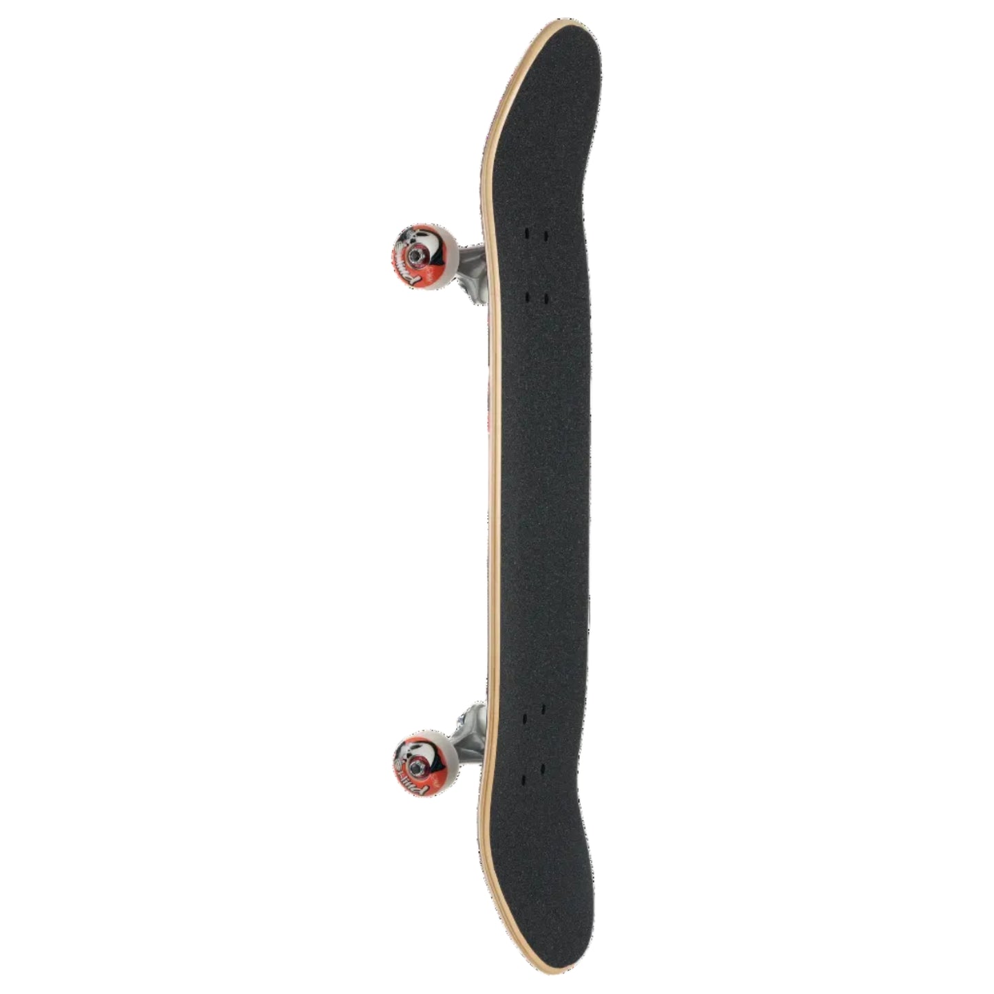 A skateboard shown vertically from the side against a plain white background, featuring a black grip tape deck, natural wood edge, silver metal trucks, and red-and-white wheels.