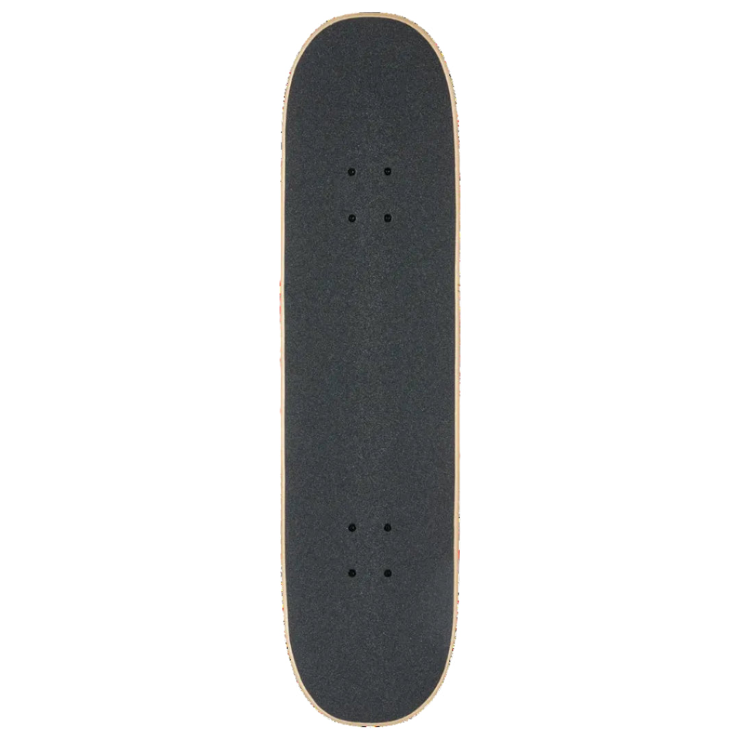 A full-length skateboard deck viewed from directly above, featuring a black grip tape surface and natural light wood edges, isolated on a white background.