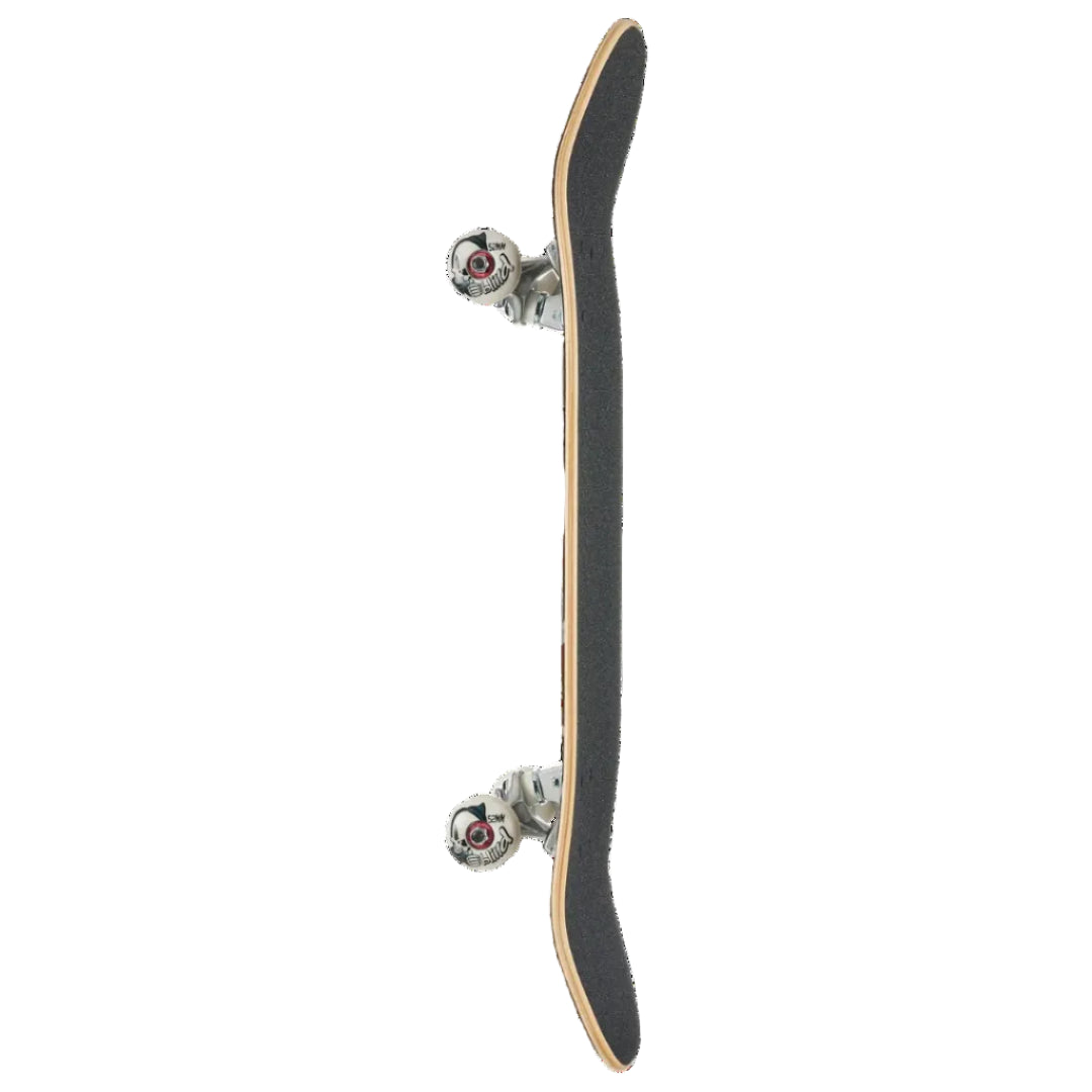A skateboard shown vertically from the side against a solid white background, featuring a black grip tape deck, natural wood edge, and silver wheels with red and black details.