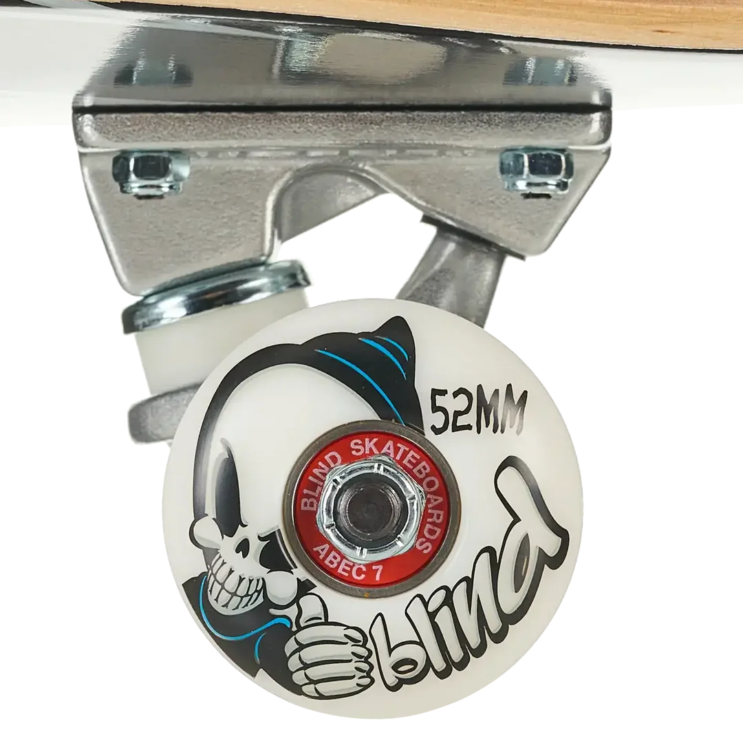 Close-up of a skateboard wheel and truck assembly on a white background. The wheel is white with a black and blue skull graphic, red center ring, and the brand name 'blind' printed in black.