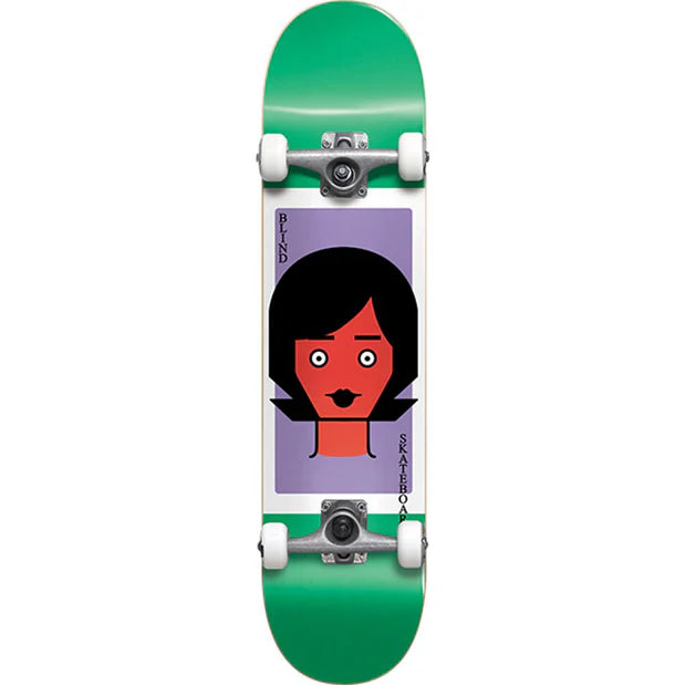 Skateboard with a colorful design of a face on a green deck