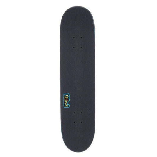 Black skateboard deck with a logo on a white background