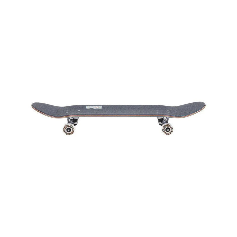 Skateboard with black deck and white trucks on a white background