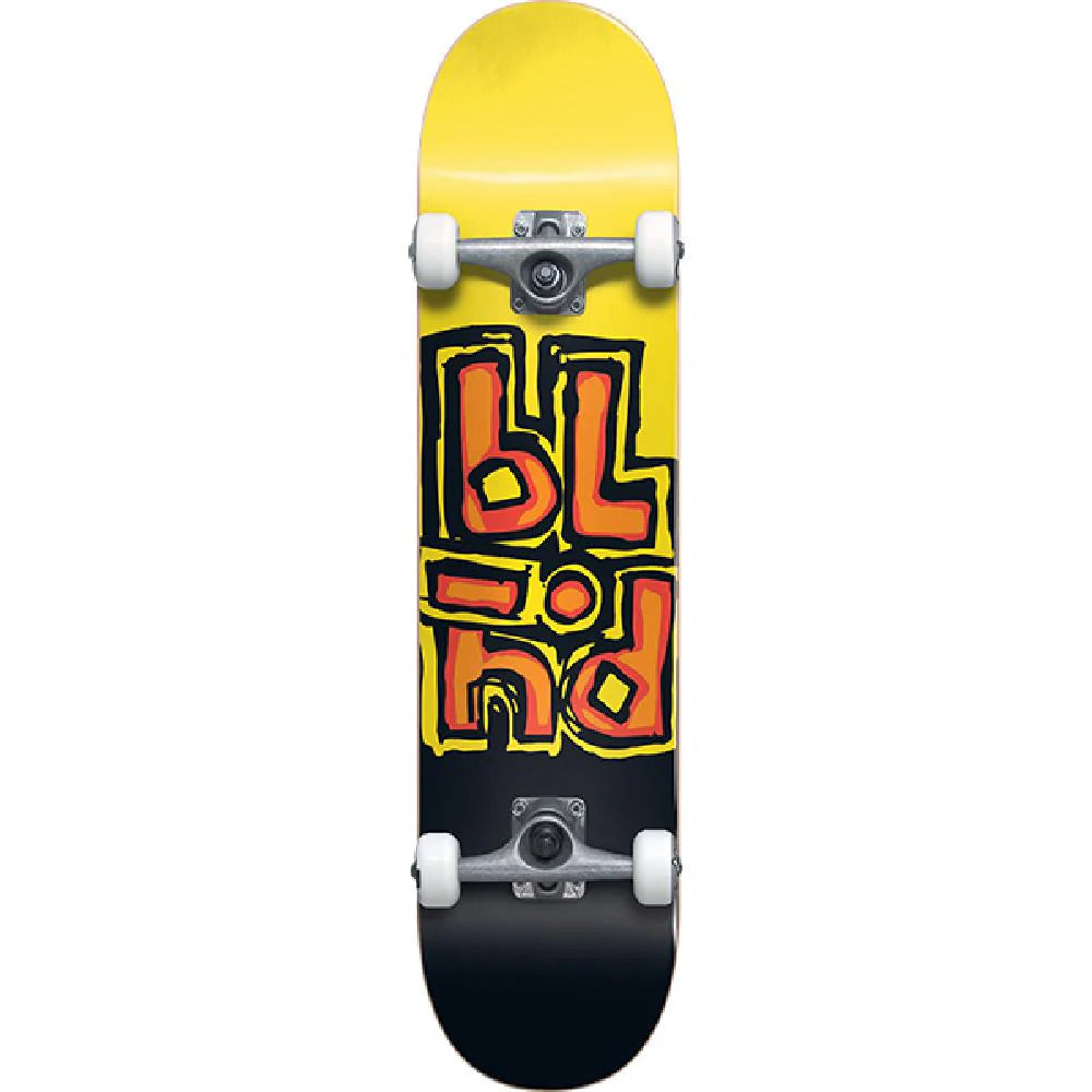 Skateboard with yellow and black deck featuring 'BLIND' logo on a white background