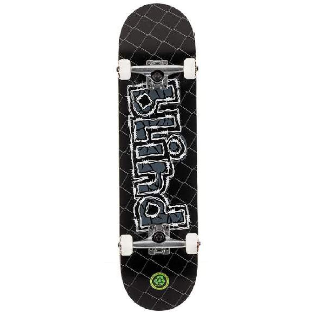Skateboard with a black deck featuring a logo and white trucks on a white background