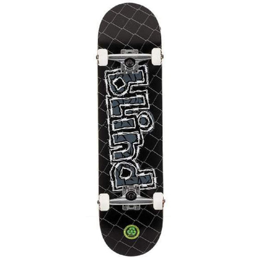 Skateboard with a black deck featuring a logo and white trucks on a white background