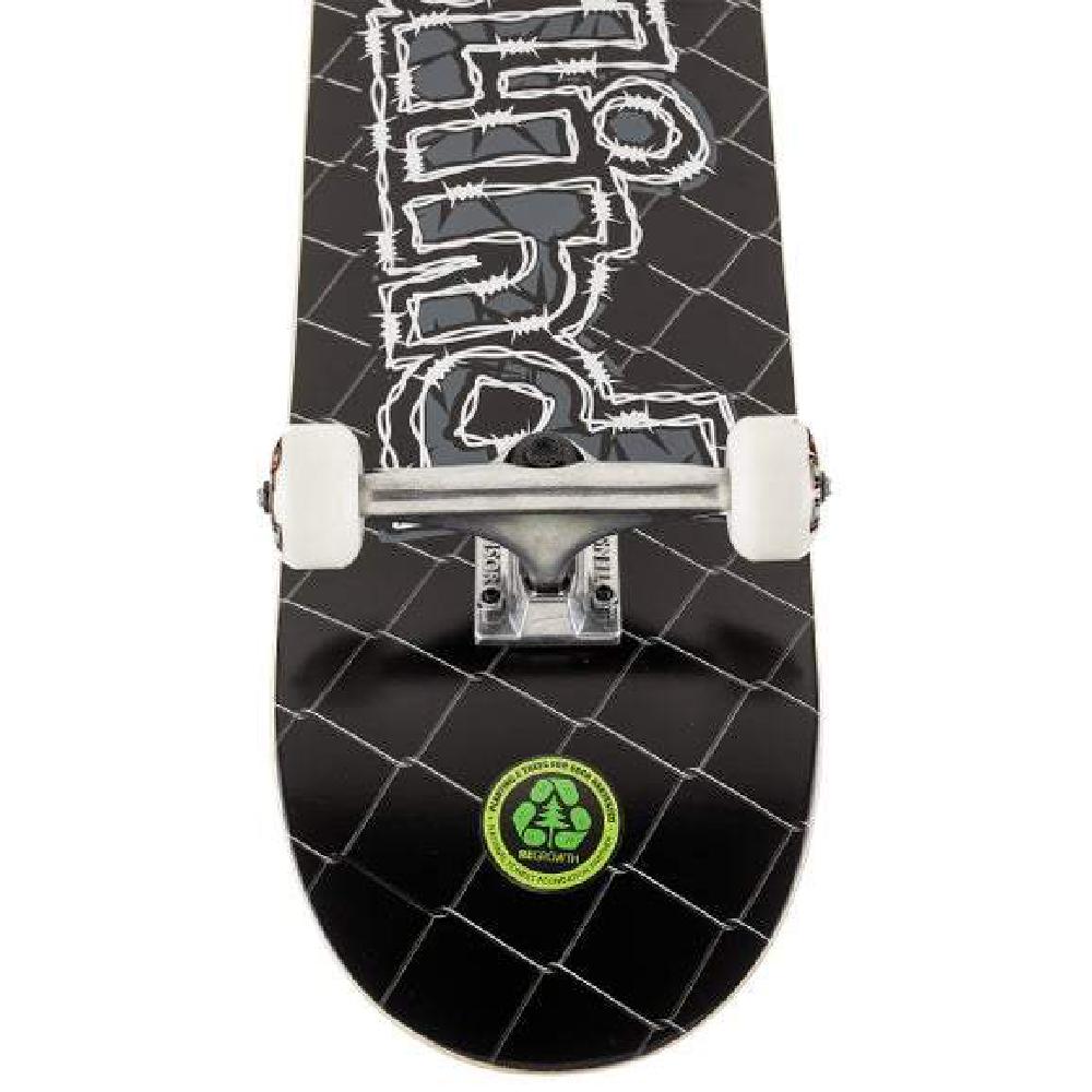 Black and white skateboard with visible branding on a white background