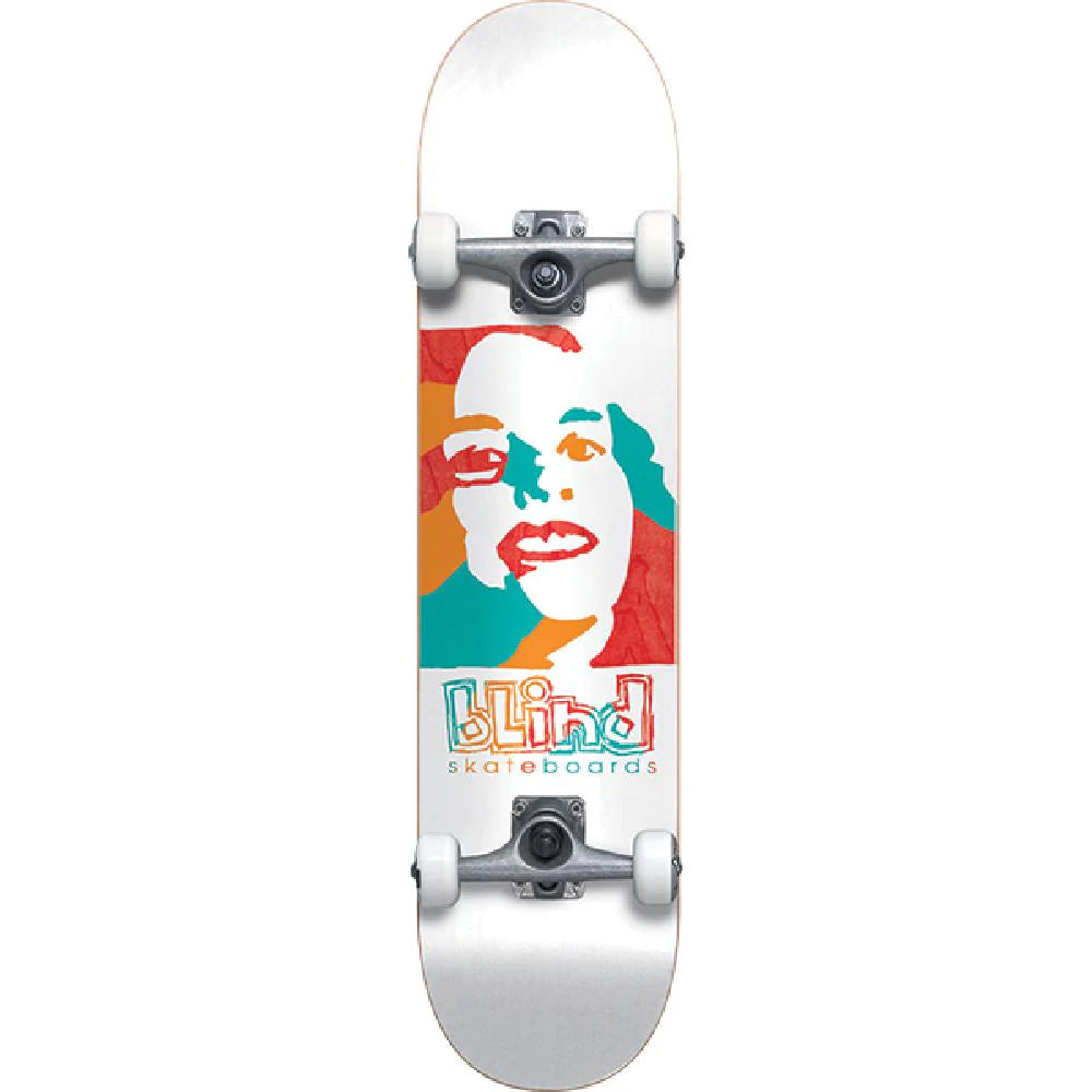 Skateboard with a colorful graphic of a face on a white background