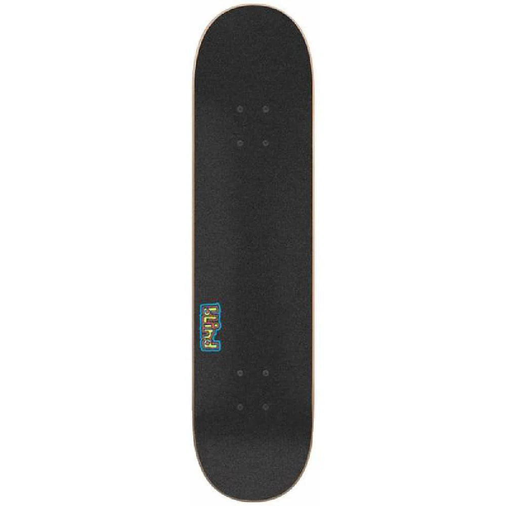 Black skateboard deck with a logo on a white background