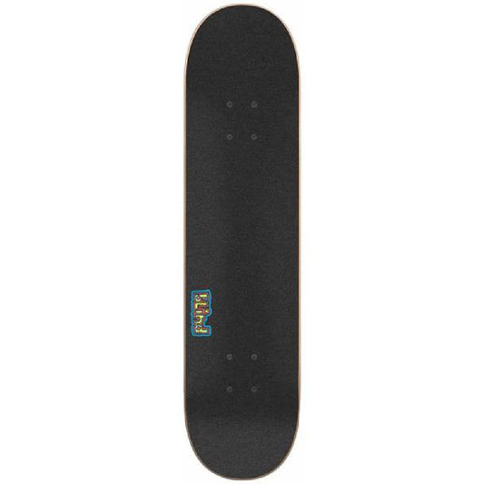 Black skateboard deck with a logo on a white background