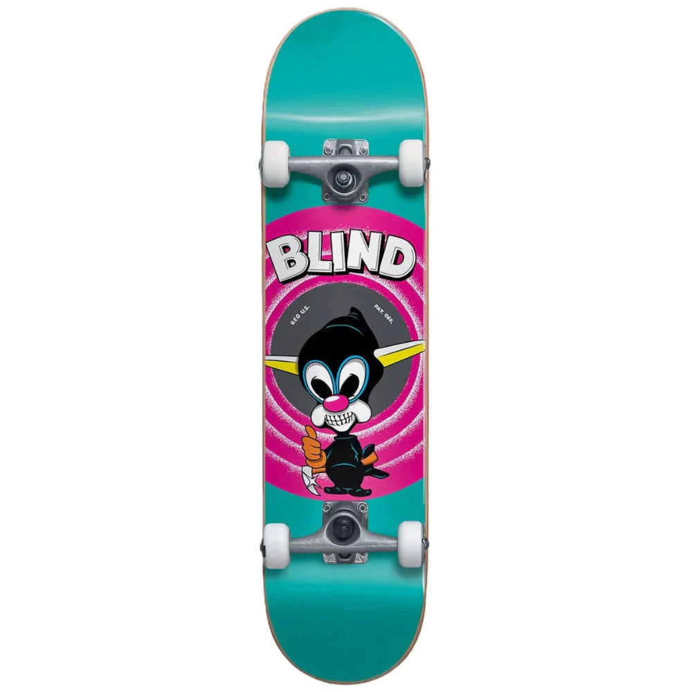 Skateboard with a cartoon character and 'Blind' branding on a white background
