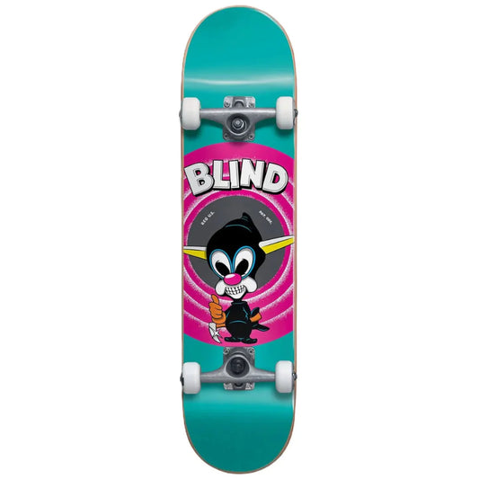 Skateboard with a cartoon character and 'Blind' branding on a white background