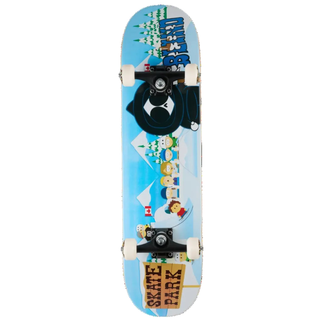 A South Park-themed skateboard featuring a light blue winter mountain background with cartoon characters, trees, and the text 'SKATE PARK' and 'blind', shown on a plain white background.