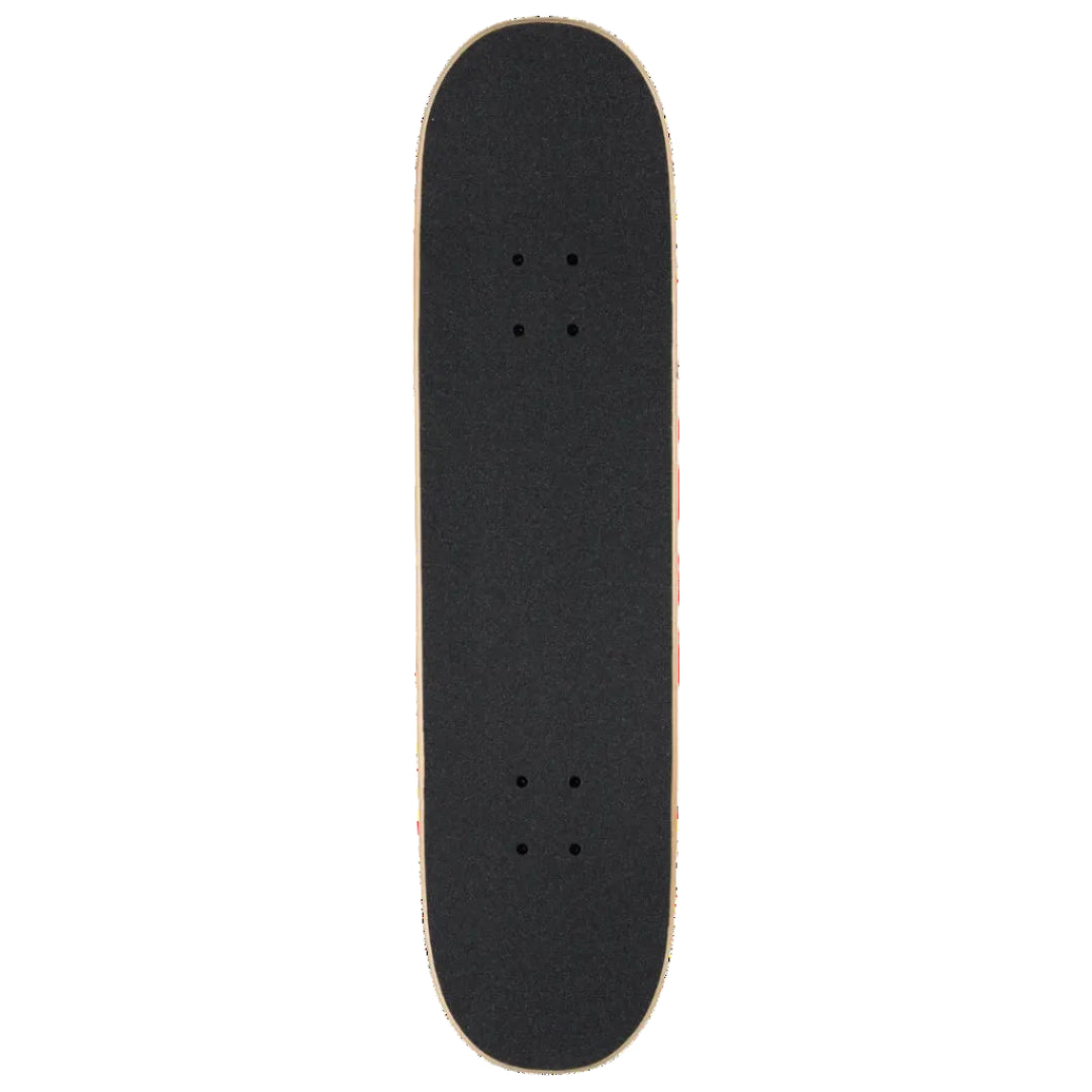 A skateboard deck with black grip tape on a solid white background.