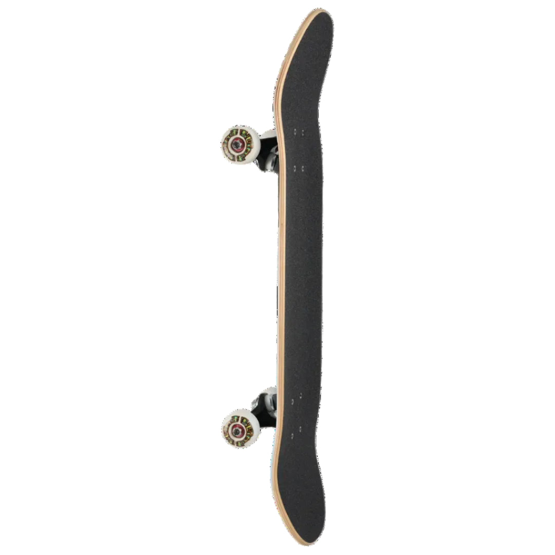 A skateboard shown vertically from the side against a plain white background, featuring a black grip tape deck with a natural wood edge and two visible wheels with colorful graphics.