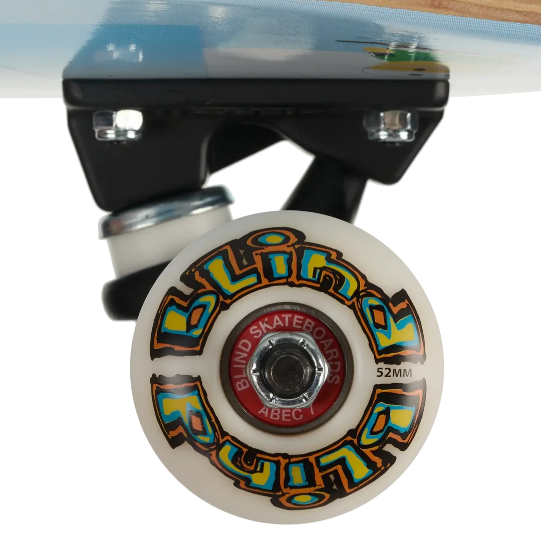 Close-up of a skateboard wheel and truck assembly on a white background. The wheel is white with a colorful graphic reading 'Blind Rides' in blue, yellow, and orange, mounted on a black truck with a natural wood deck edge visible above.