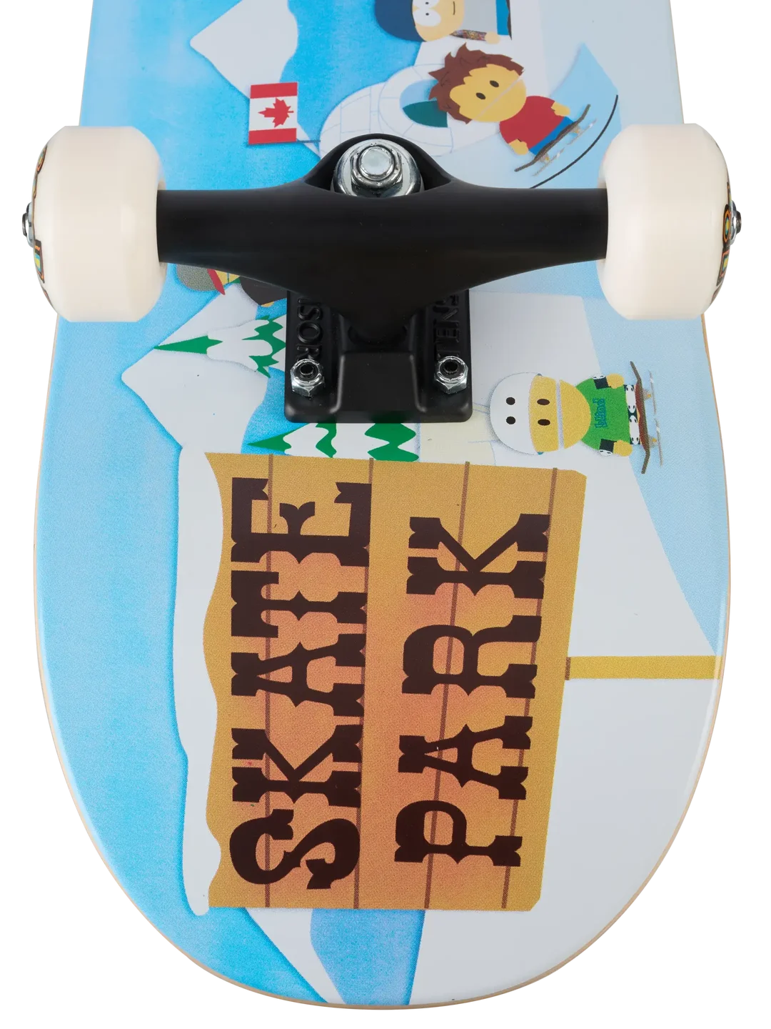 A close-up of a skateboard deck featuring a South Park-themed winter scene with characters and a wooden sign reading 'SKATE PARK'. The deck has a light blue and white design, and the visible hardware includes black trucks and cream-colored wheels.