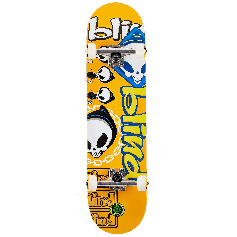 Skateboard with skull and chain design on a yellow background