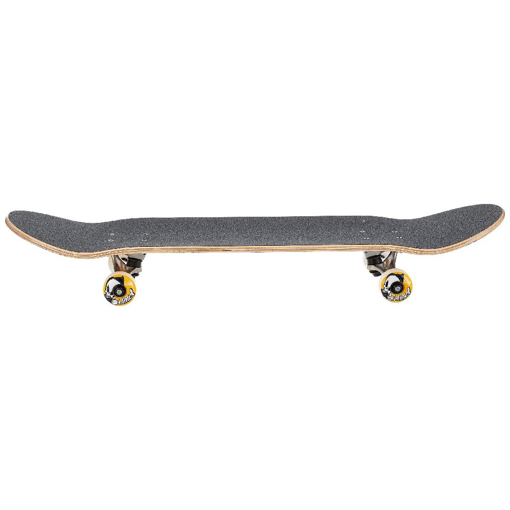 Skateboard with black deck and yellow wheels on a white background