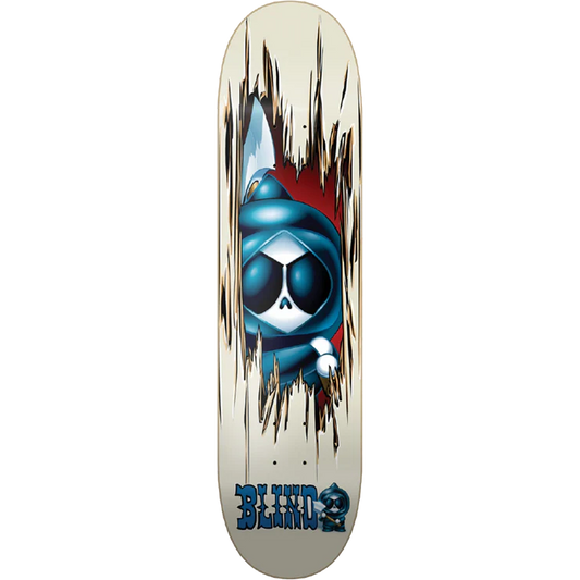 Skateboard deck with a cartoon character design and 'Blind' branding on a white background