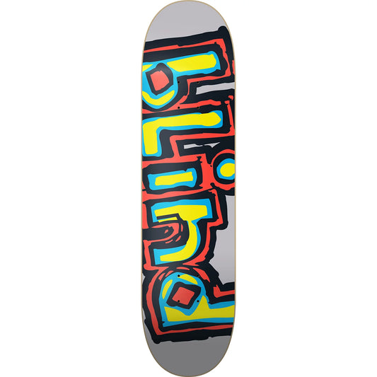 Skateboard deck with colorful abstract design on a white background