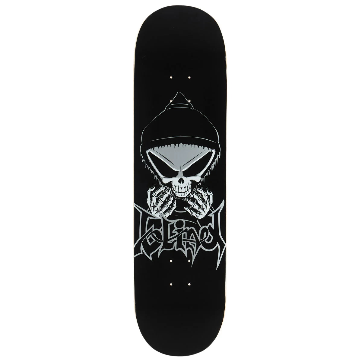 A black skateboard deck featuring a large white graphic of a skull wearing a hood, with the word 'BLAS' in stylized gothic lettering below it, shown against a plain white background.
