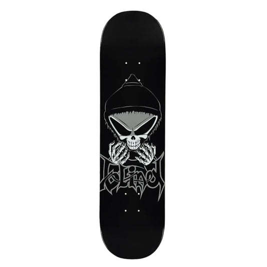 Skateboard deck with a black and white skull design on a white background
