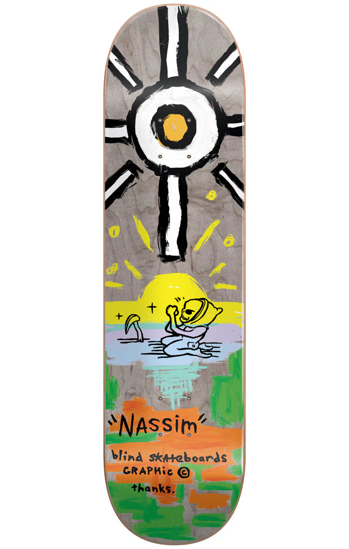 Skateboard deck with colorful design and 'Nassim' branding on a white background