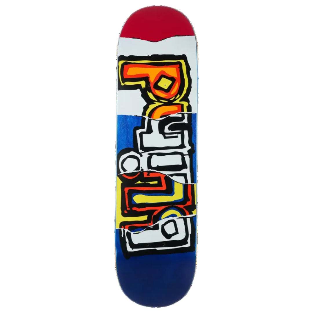 A skateboard deck shown vertically against a solid white background, featuring a bold graffiti-style graphic with the word 'PUSH' in orange, yellow, white, and black, with a red nose and blue tail.