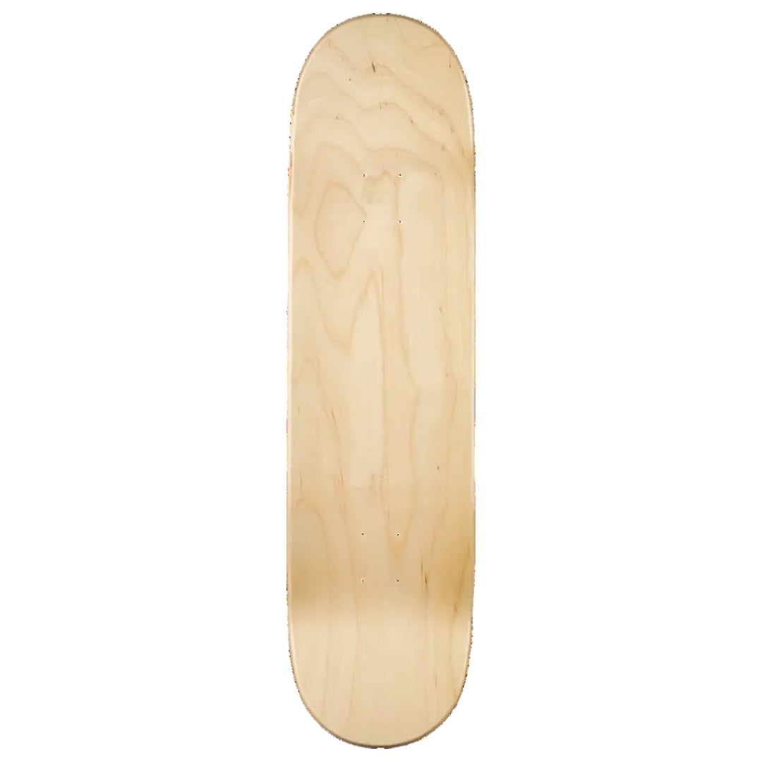 A blank skateboard deck made of natural light-colored wood with visible grain patterns and pre-drilled hole locations, shown vertically against a solid white background.