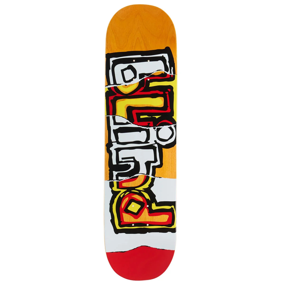 A skateboard deck shown vertically against a plain white background, featuring a graphic design with a yellow-orange upper section, a white middle section, and a red lower section, overlaid with large stylized letters in black, white, red, and yellow.