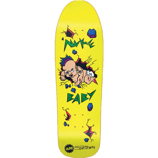 Skateboard deck with cartoon character and colorful graphics on a yellow background