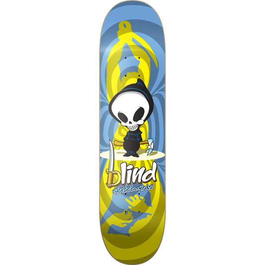 Skateboard deck with a cartoon character and 'Blind' branding on a white background