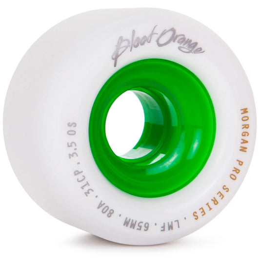 Skateboard wheel with white rim and green center on a white background
