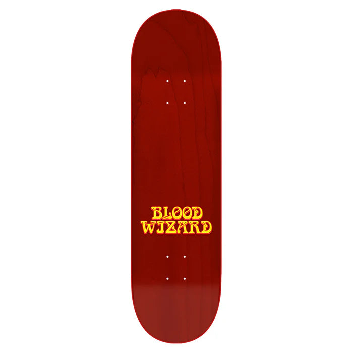 Red skateboard deck with 'Blood Wizard' text on a white background