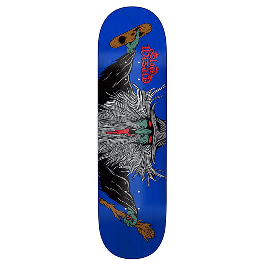 Skateboard deck with a colorful design of a creature on a blue background