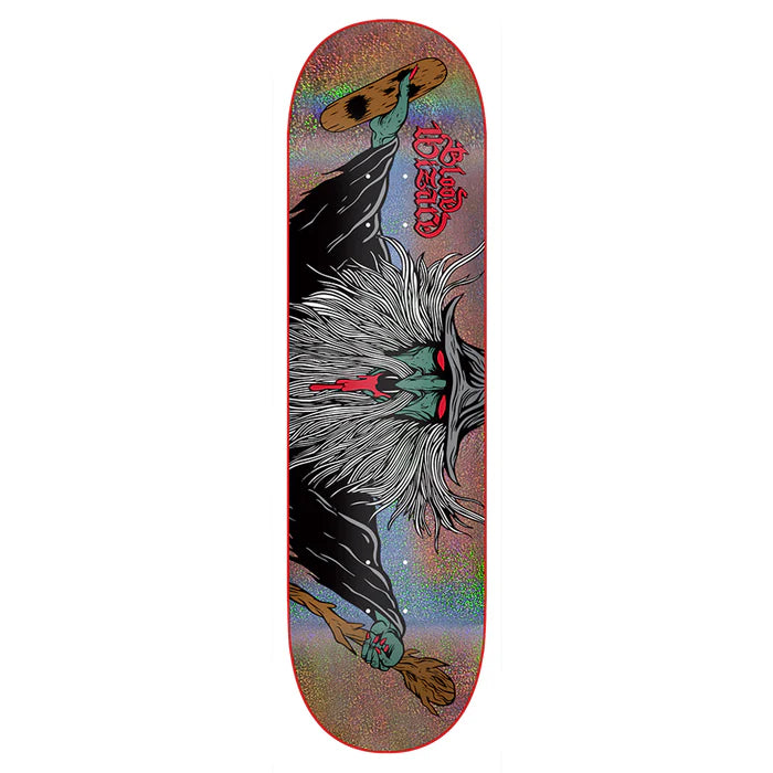 Skateboard deck with artistic design of a person and dog on a white background