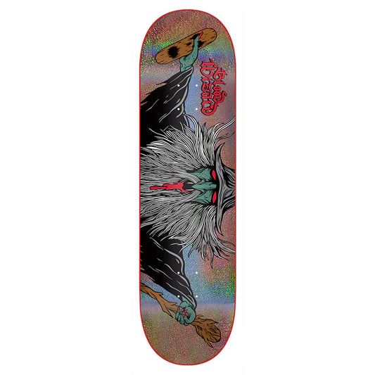Skateboard deck with artistic design of a person and dog on a white background